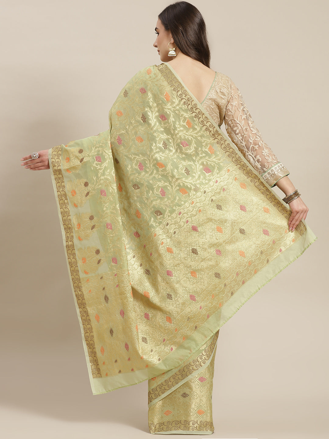 Olive Green Handloom Jamdani Chanderi Saree with Resham Meenakari Weaving