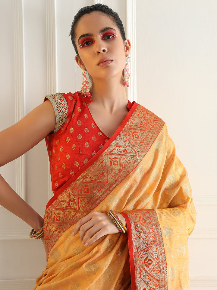 Floral Banarasi Silk Saree with Zari woven pattern Contrast Border