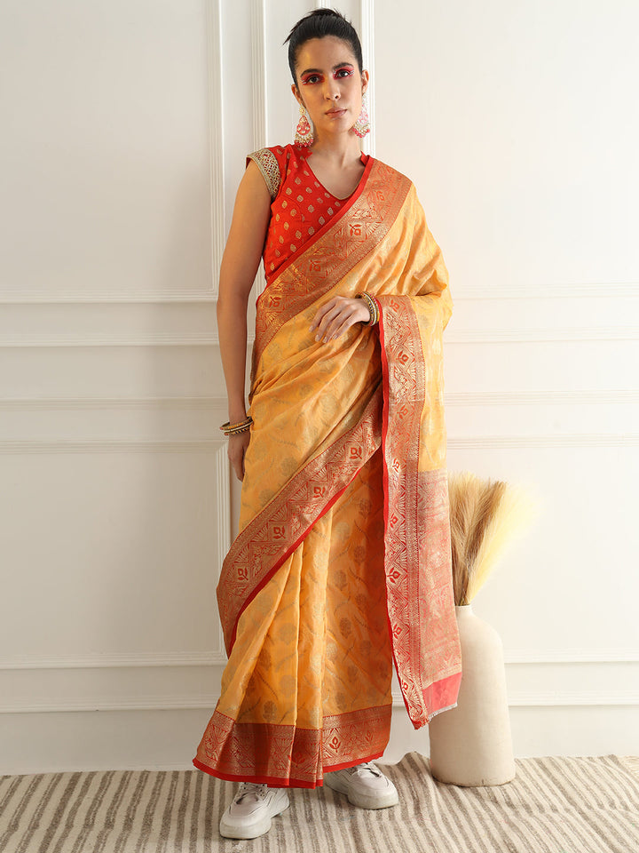 Floral Banarasi Silk Saree with Zari woven pattern Contrast Border