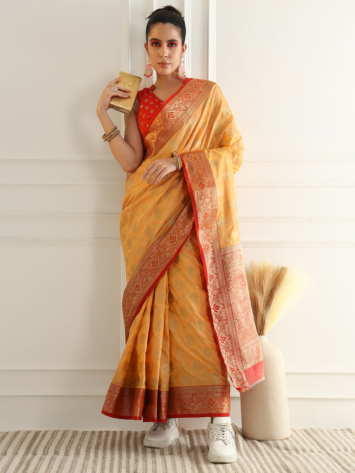 Floral Banarasi Silk Saree with Zari woven pattern Contrast Border