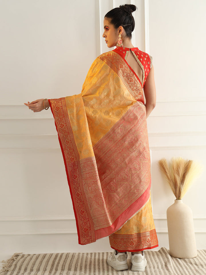 Floral Banarasi Silk Saree with Zari woven pattern Contrast Border