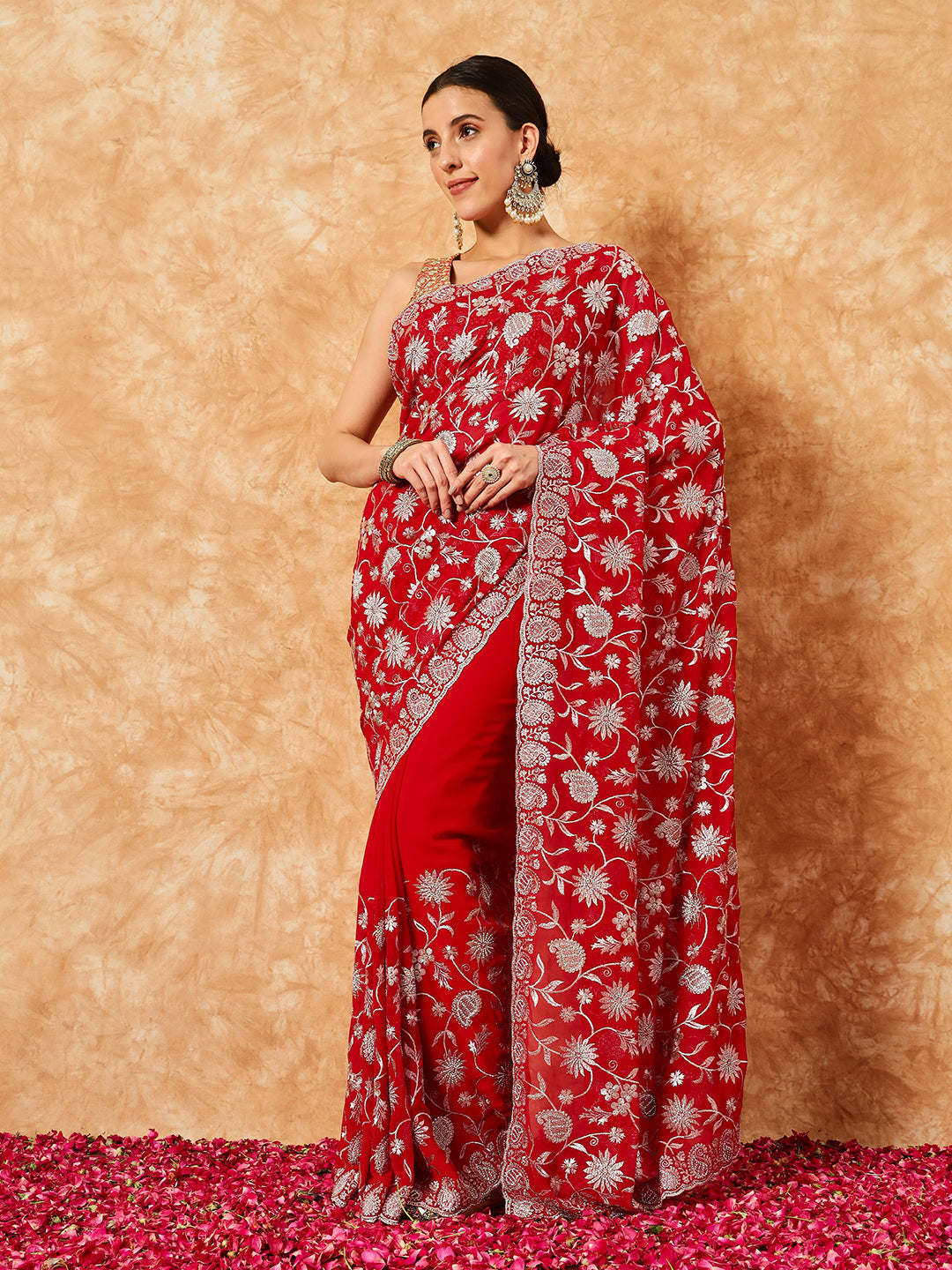 Paisley Zari Embroidered Festive Georgette Saree With Cut-Work Border