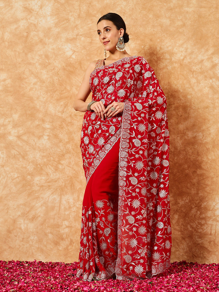 Paisley Zari Embroidered Festive Georgette Saree With Cut-Work Border