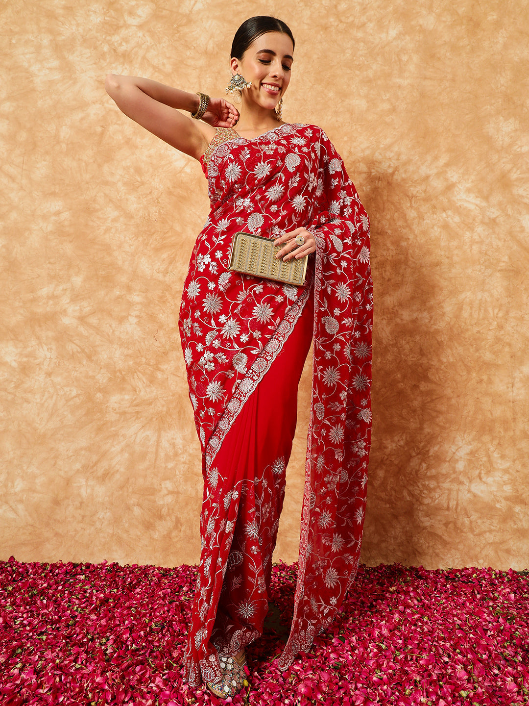 Paisley Zari Embroidered Festive Georgette Saree With Cut-Work Border