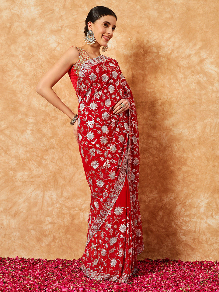 Paisley Zari Embroidered Festive Georgette Saree With Cut-Work Border