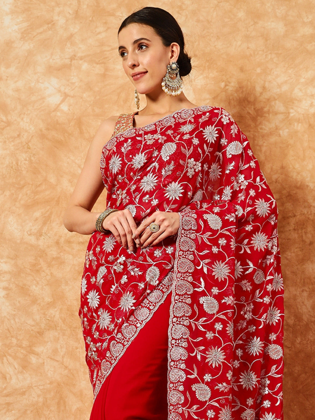 Paisley Zari Embroidered Festive Georgette Saree With Cut-Work Border