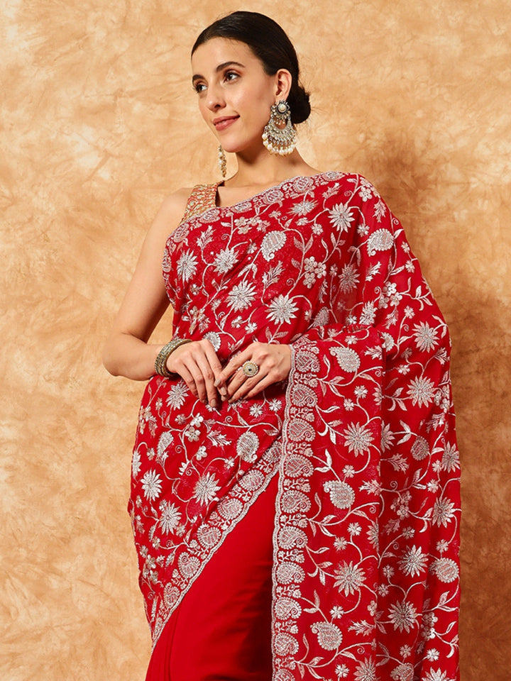 Paisley Zari Embroidered Festive Georgette Saree With Cut-Work Border