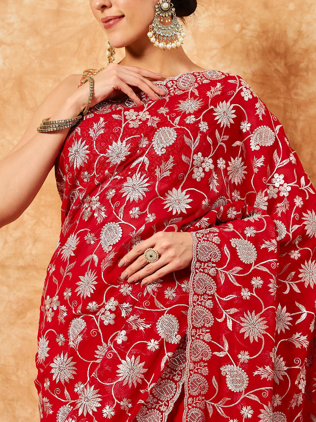 Paisley Zari Embroidered Festive Georgette Saree With Cut-Work Border