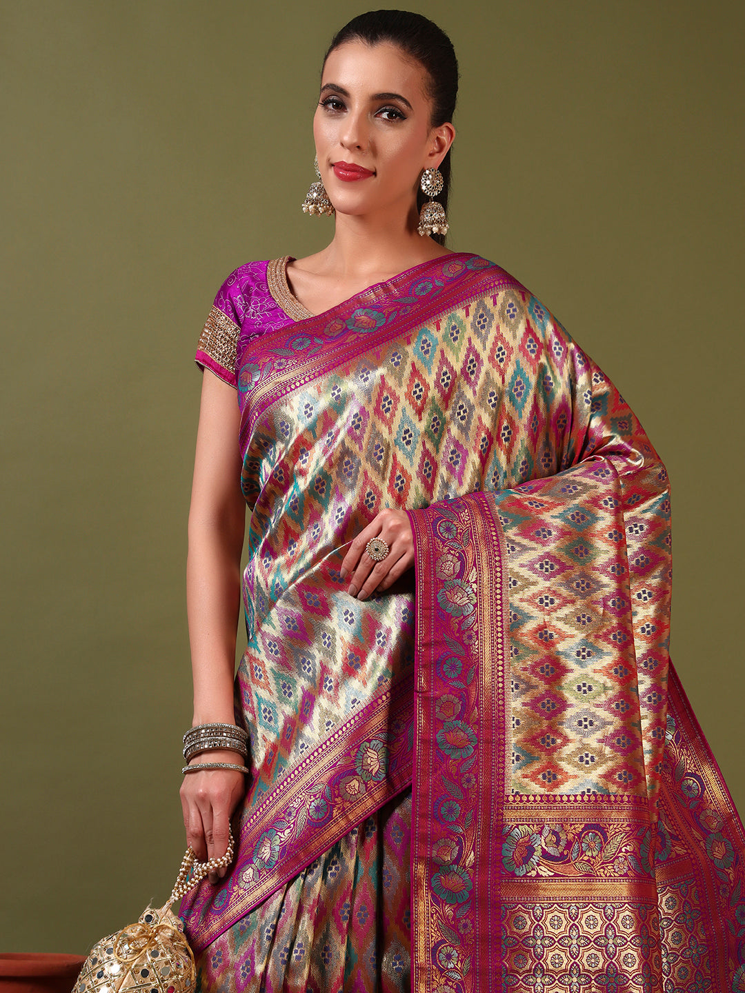 Traditional Brocade Handloom Mysore Silk Saree with Multicolor Meenakari Zari Weaving