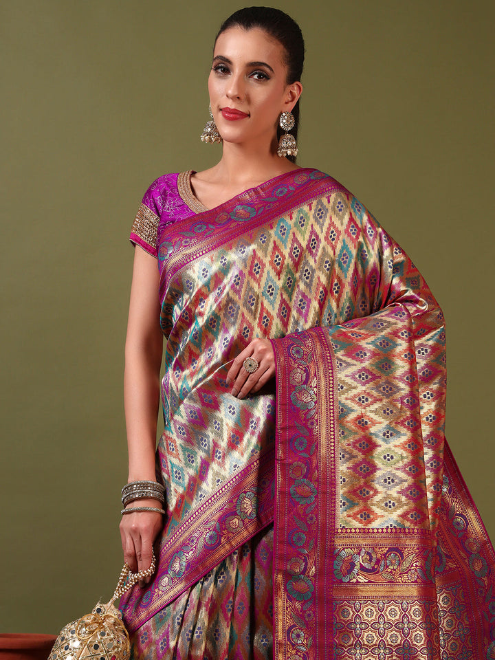 Traditional Brocade Handloom Mysore Silk Saree with Multicolor Meenakari Zari Weaving
