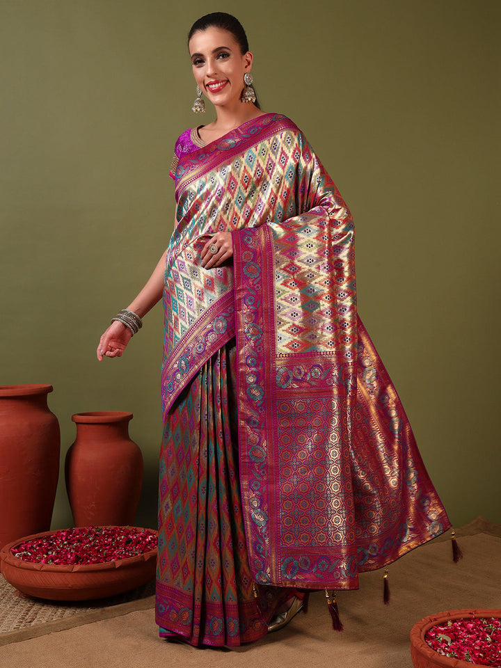 Traditional Brocade Handloom Mysore Silk Saree with Multicolor Meenakari Zari Weaving