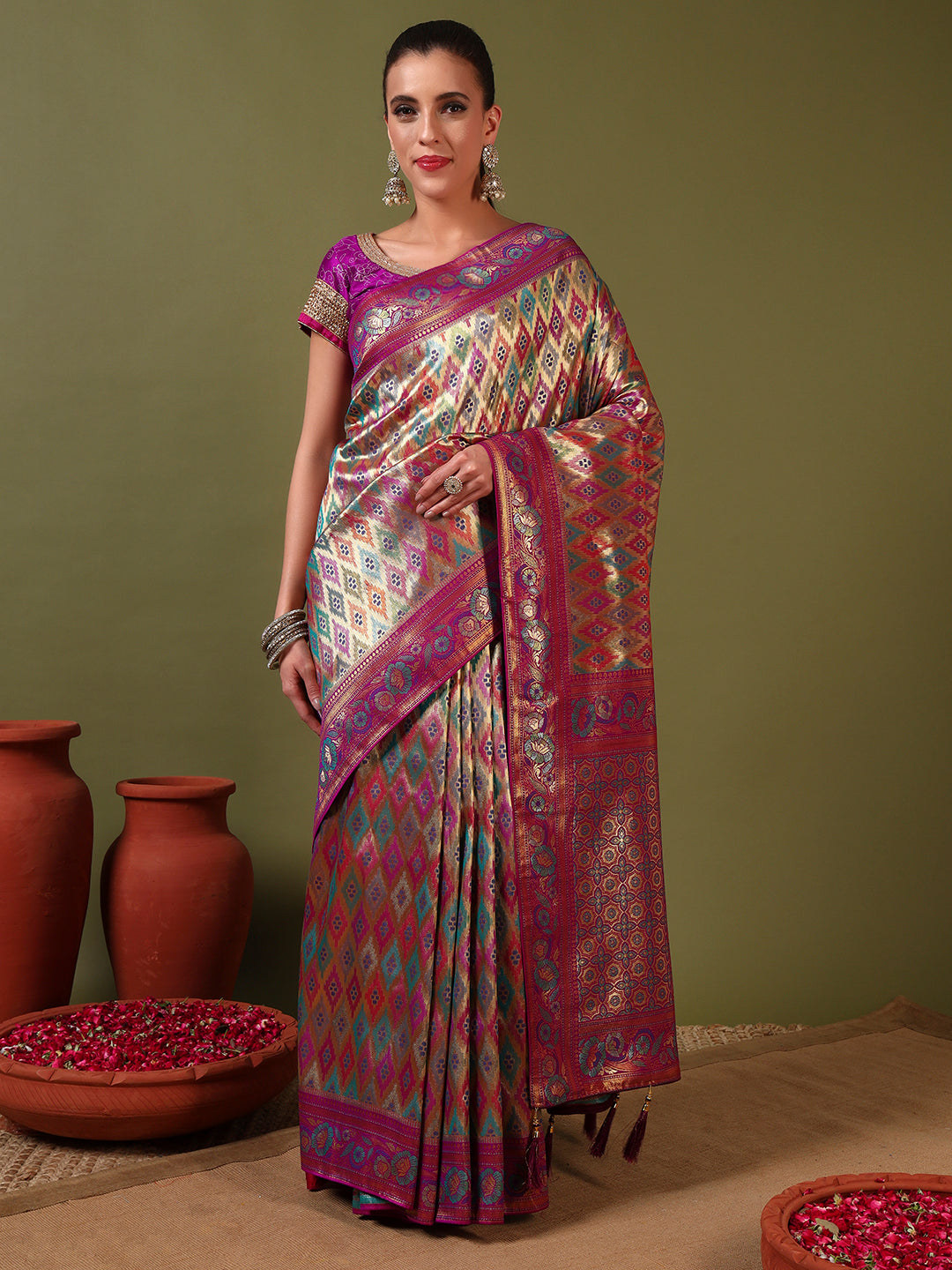 Traditional Brocade Handloom Mysore Silk Saree with Multicolor Meenakari Zari Weaving