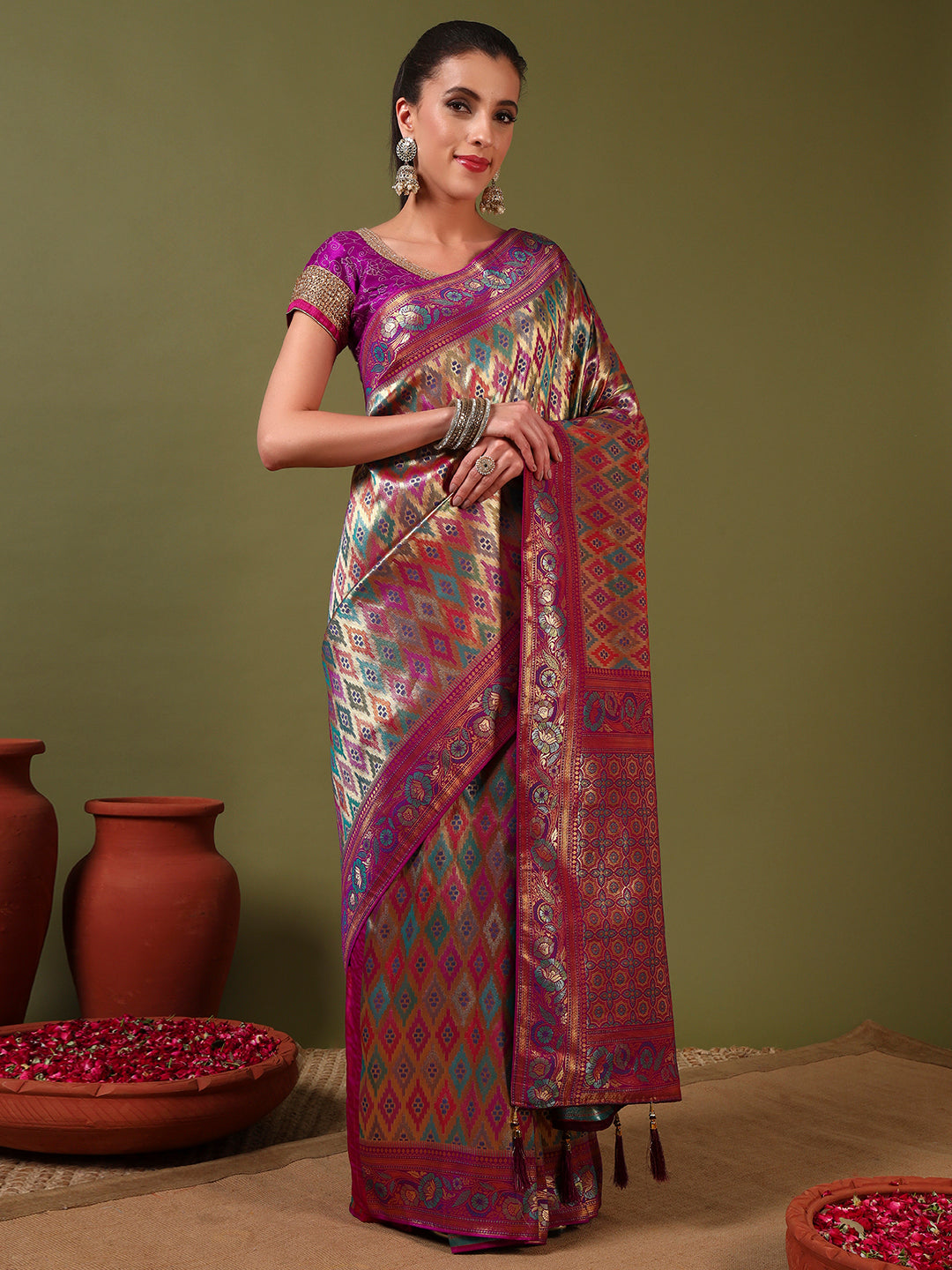 Traditional Brocade Handloom Mysore Silk Saree with Multicolor Meenakari Zari Weaving
