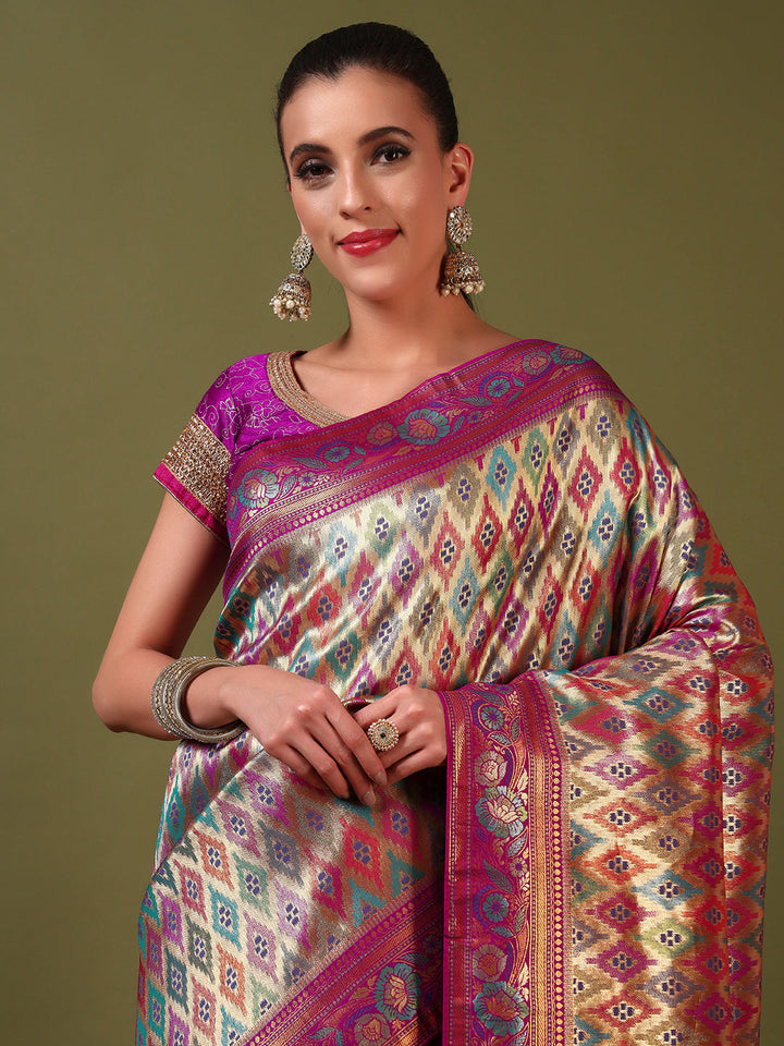 Traditional Brocade Handloom Mysore Silk Saree with Multicolor Meenakari Zari Weaving