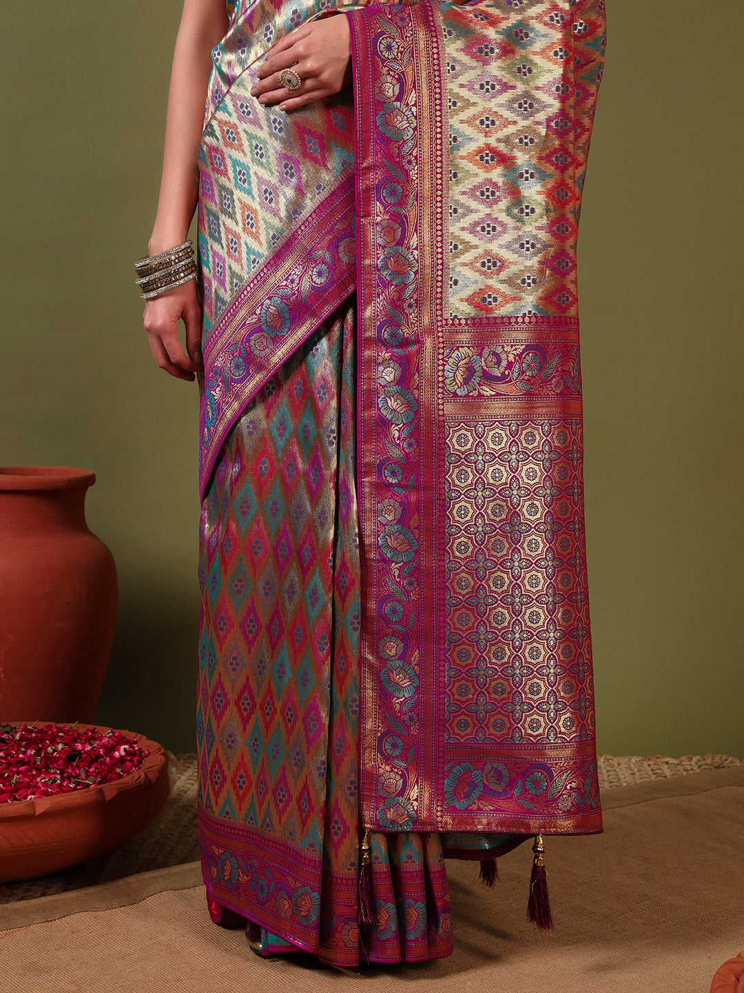 Traditional Brocade Handloom Mysore Silk Saree with Multicolor Meenakari Zari Weaving
