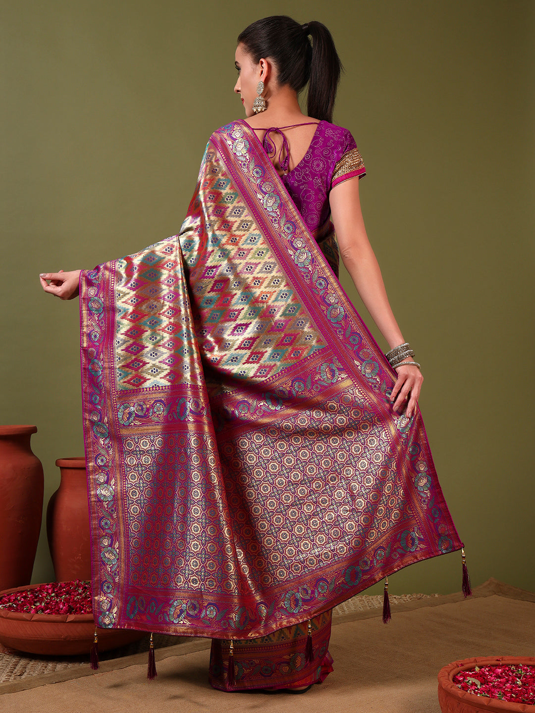 Traditional Brocade Handloom Mysore Silk Saree with Multicolor Meenakari Zari Weaving