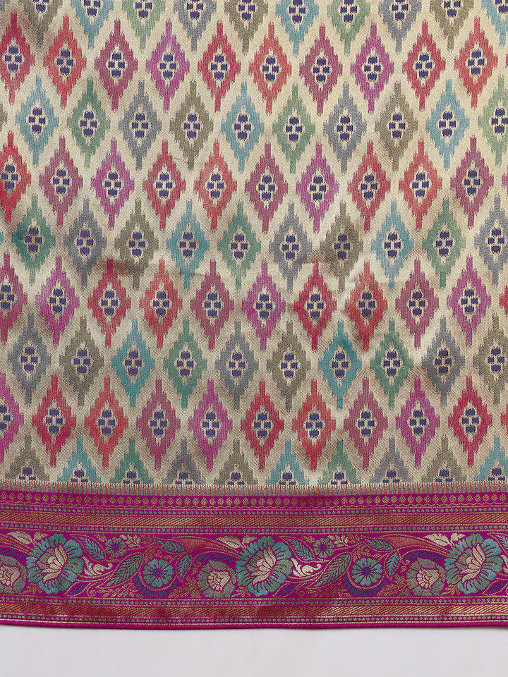 Traditional Brocade Handloom Mysore Silk Saree with Multicolor Meenakari Zari Weaving