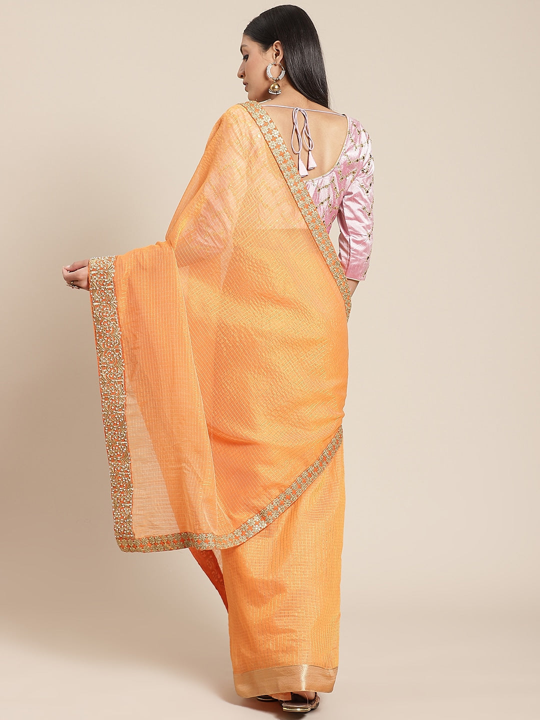 Orange Gharchola Saree With Sequence Border & Embellished Gota Blouse