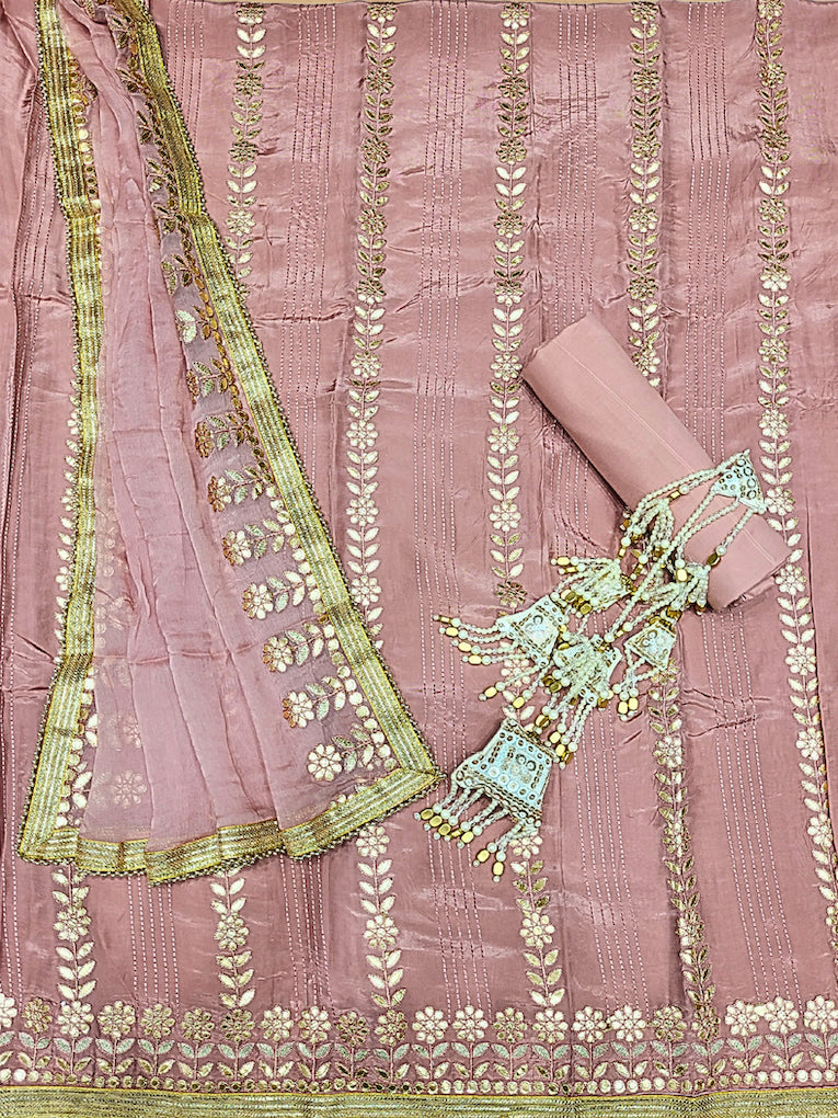Gota Patti & Reshham Embroidered  Punjabi Suit Dupatta with Striped Floral Pattern