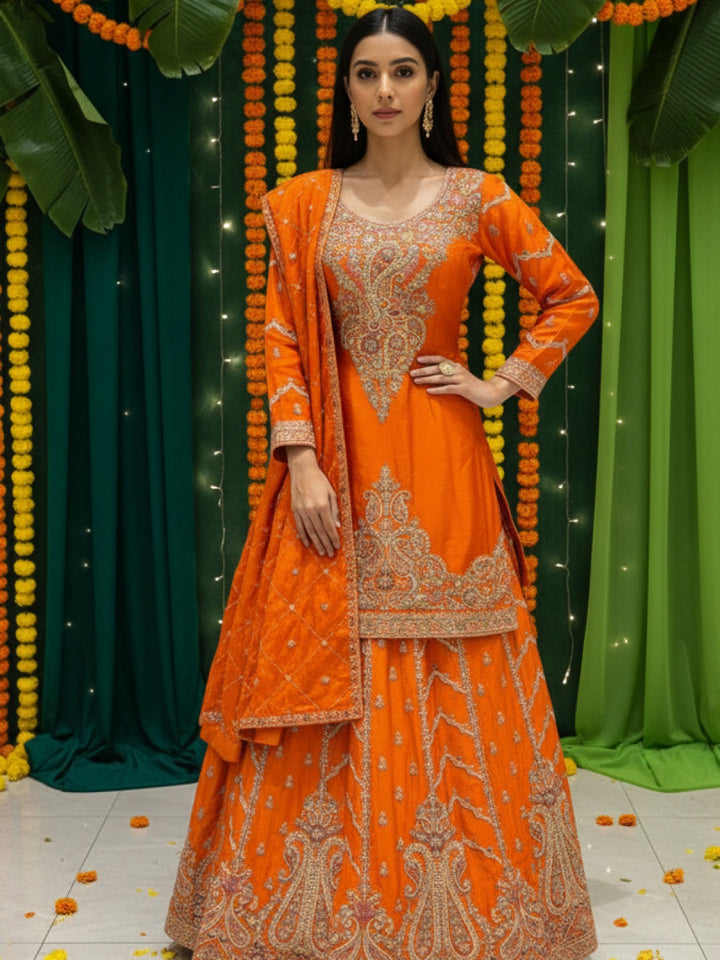 Sequinned Kurta Gharara Set with Zardozi Embroidered Kalis, Paisleys & Scalloped Dupatta
