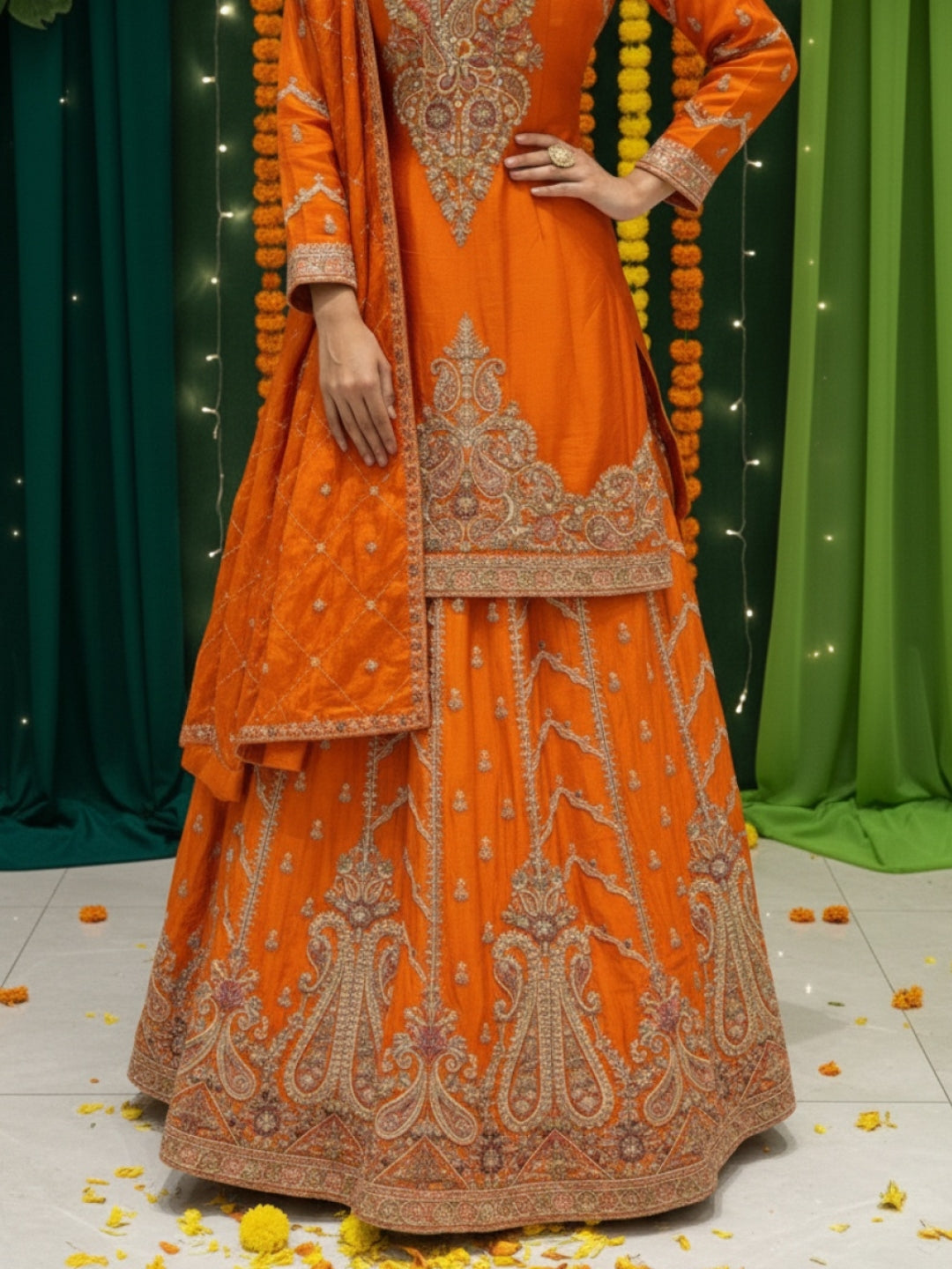 Sequinned Kurta Gharara Set with Zardozi Embroidered Kalis, Paisleys & Scalloped Dupatta