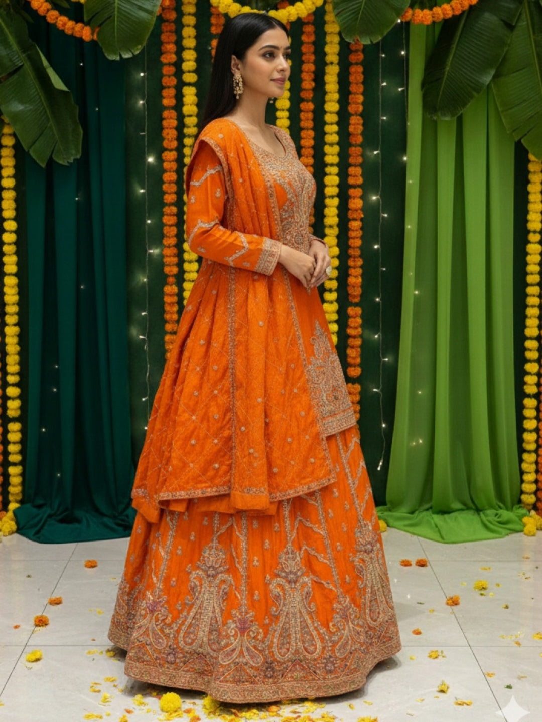 Sequinned Kurta Gharara Set with Zardozi Embroidered Kalis, Paisleys & Scalloped Dupatta
