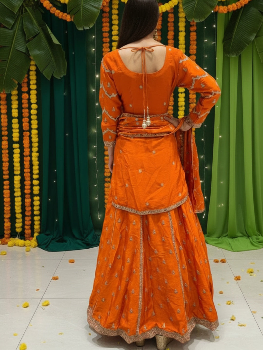 Sequinned Kurta Gharara Set with Zardozi Embroidered Kalis, Paisleys & Scalloped Dupatta