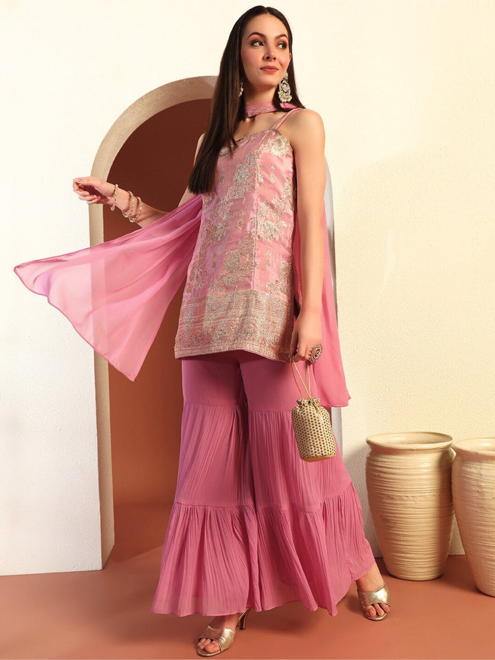 Chhabra 555 Banarasi Handloom Brocade Kurta Set with Tiered Sharara & Pre-pleated Dupatta