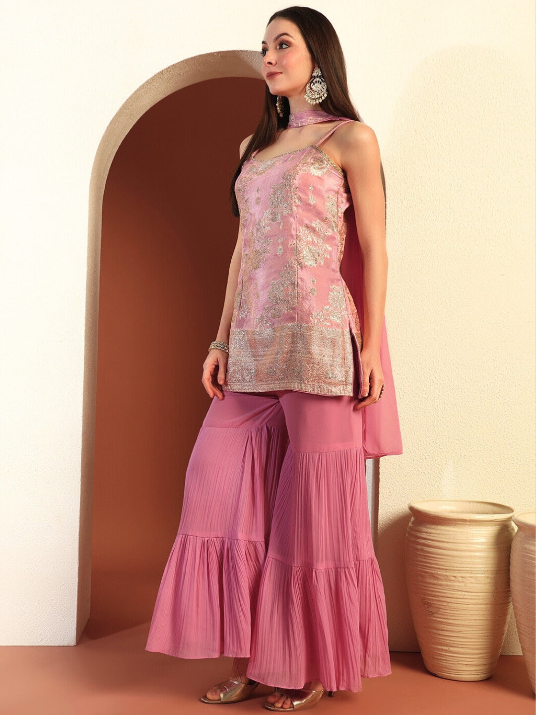 Banarasi Handloom Brocade Kurta Set with Tiered Sharara & Pre-pleated Dupatta