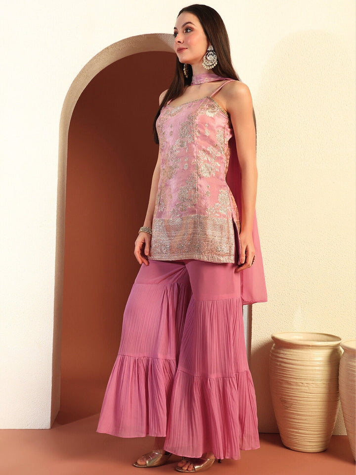 Banarasi Handloom Brocade Kurta Set with Tiered Sharara & Pre-pleated Dupatta