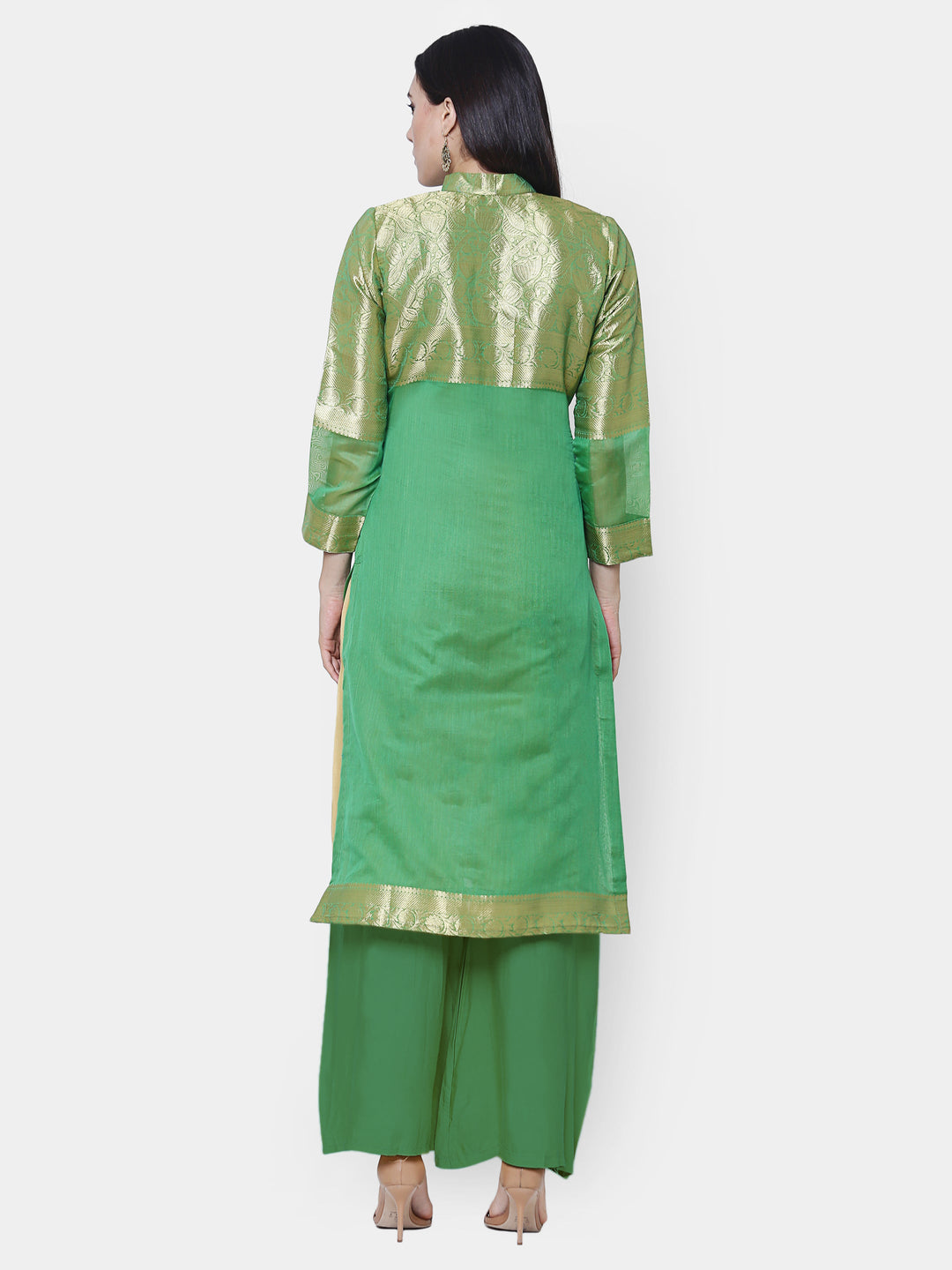 Emerald Green Chanderi Cotton Woven Zari Work Unstitched Dress Material With Dupatta