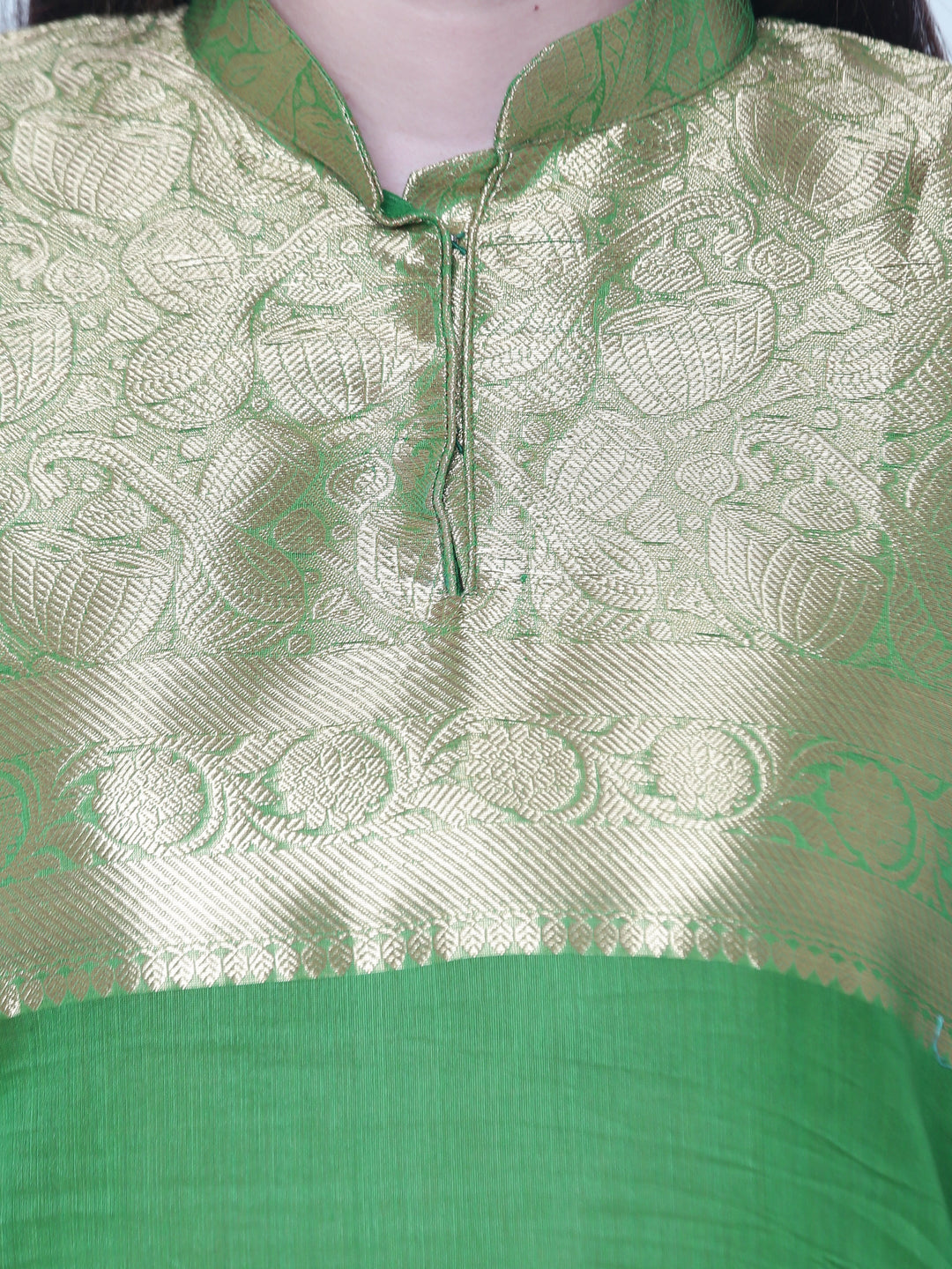 Emerald Green Chanderi Cotton Woven Zari Work Unstitched Dress Material With Dupatta