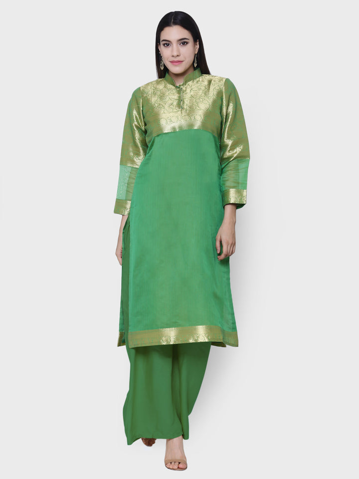 Emerald Green Chanderi Cotton Woven Zari Work Unstitched Dress Material With Dupatta