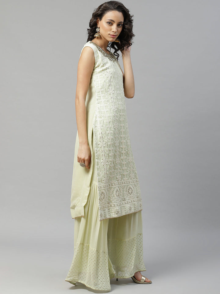 Chicken Embroidered Georgette Kurta Set with Mukaish Shehara & Gota Chiffon Dupatta