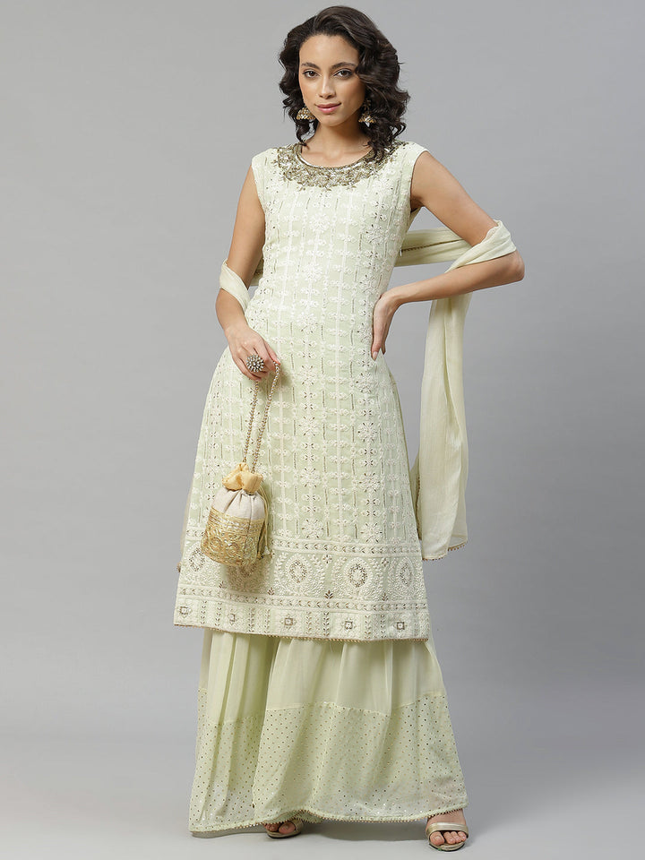 Chicken Embroidered Georgette Kurta Set with Mukaish Shehara & Gota Chiffon Dupatta
