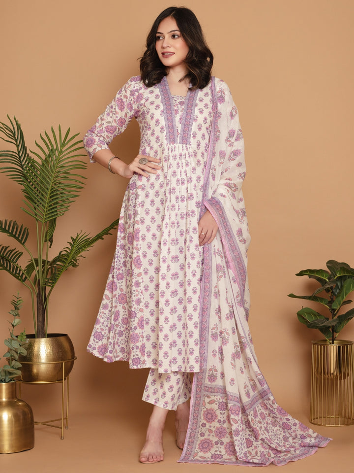 White Lilac A-line Flared Kurta Set with Deep V-Neckline & Placement Floral Print