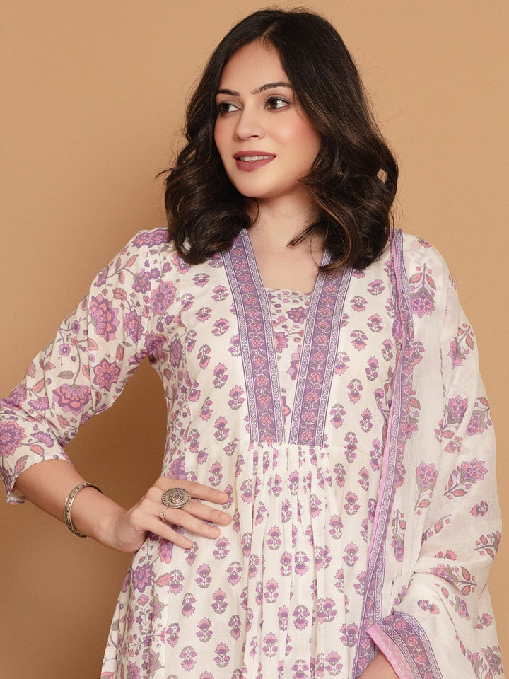 White Lilac A-line Flared Kurta Set with Deep V-Neckline & Placement Floral Print