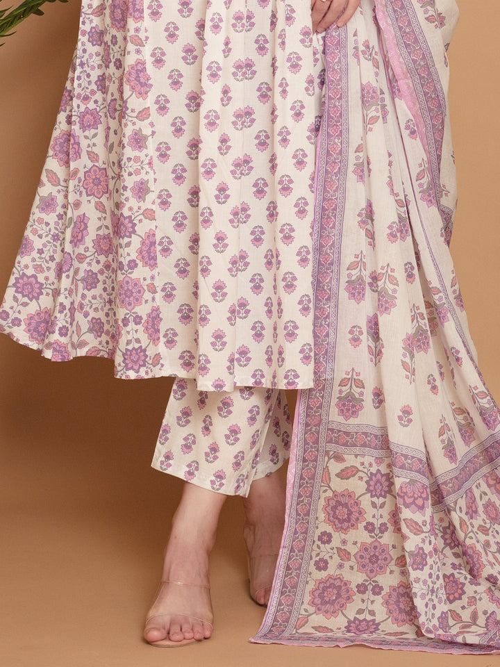 White Lilac A-line Flared Kurta Set with Deep V-Neckline & Placement Floral Print