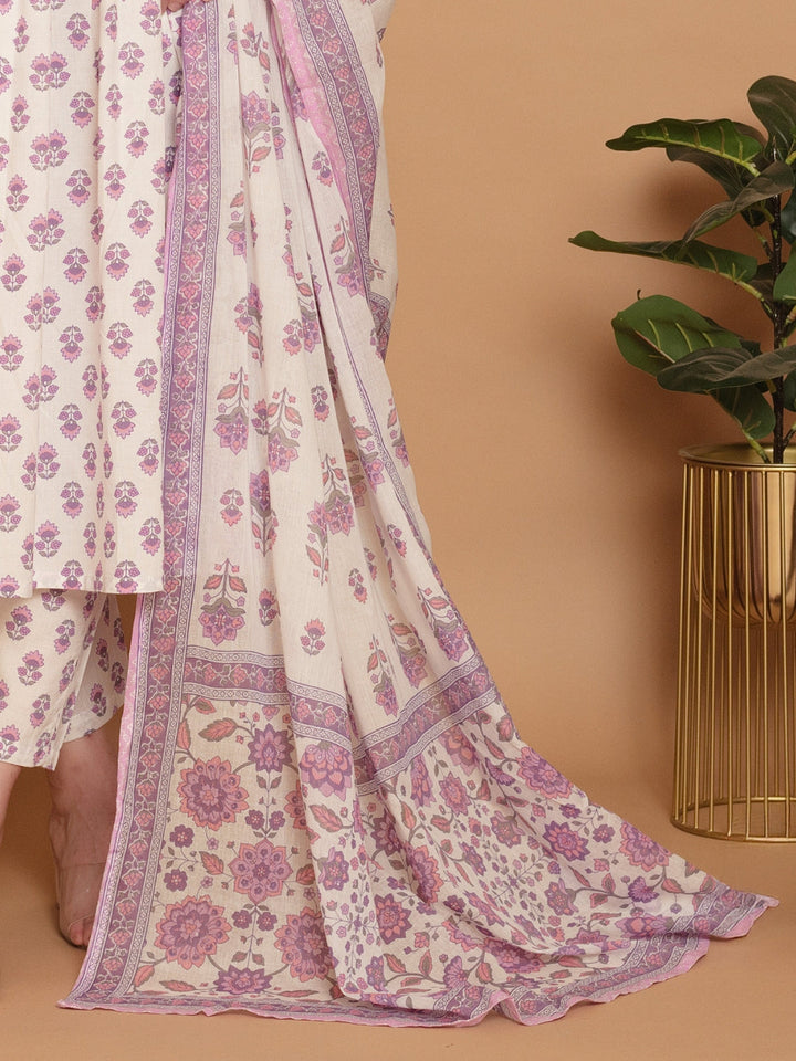 White Lilac A-line Flared Kurta Set with Deep V-Neckline & Placement Floral Print