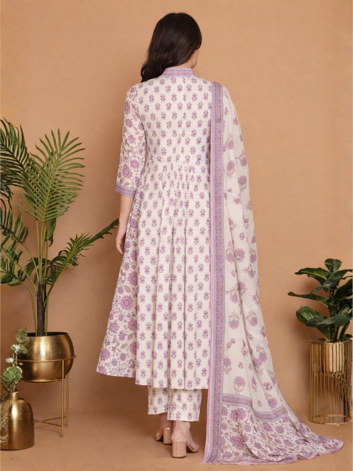 White Lilac A-line Flared Kurta Set with Deep V-Neckline & Placement Floral Print
