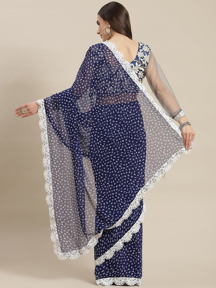 Indigo Bandhani Print Georgette Saree with Embroidered Border & Belt