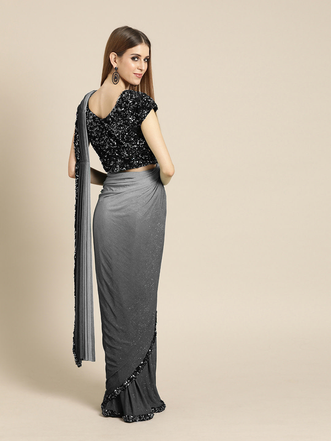 Black Ruffled Pre-Draped Lycra Saree with Frills and Multicolor Sequin Blouse