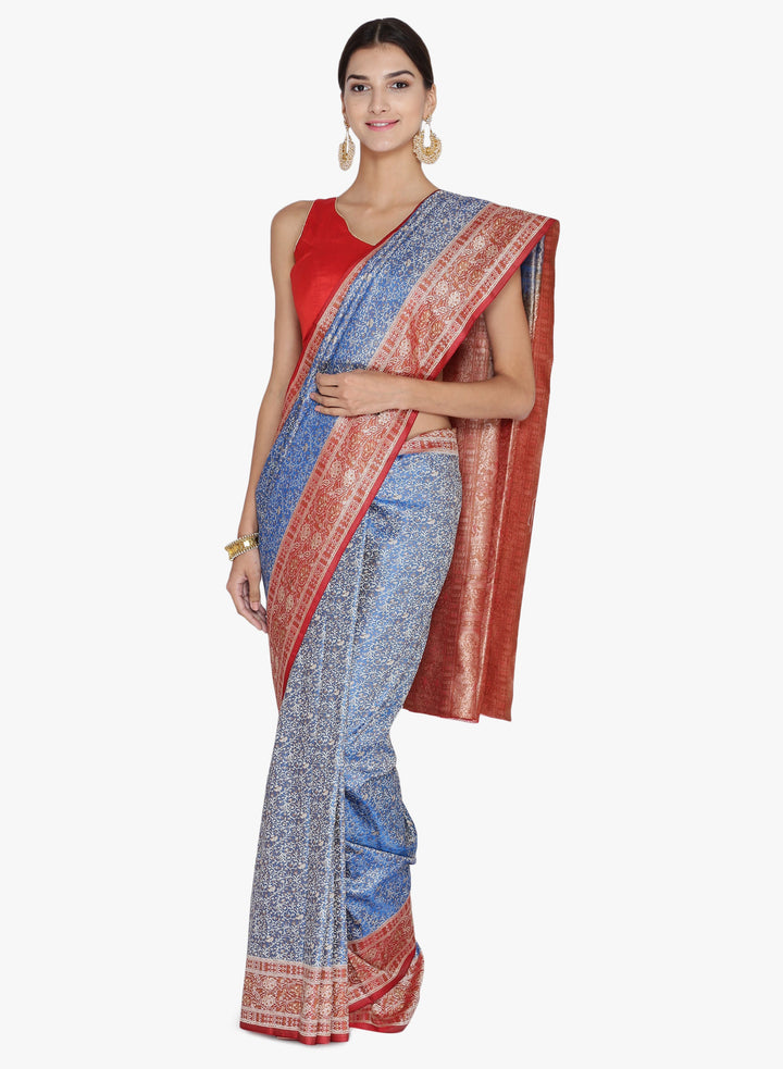 Blue & Maroon  Colored Banarasi Silk Woven Zari Work Party Wear Saree