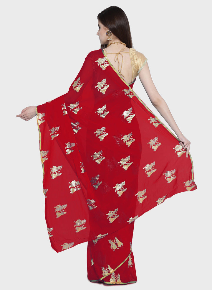 Red Colored Chiffon Dandia Print Party Wear Saree.