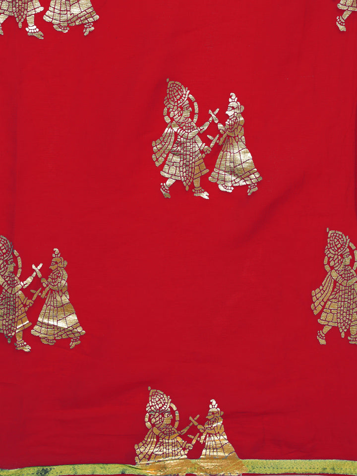 Red Colored Chiffon Dandia Print Party Wear Saree.