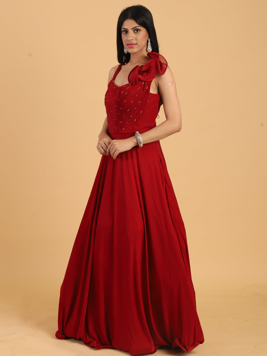 Red Embellished Lycra Cocktail Gown with Stylized Ruffled Straps