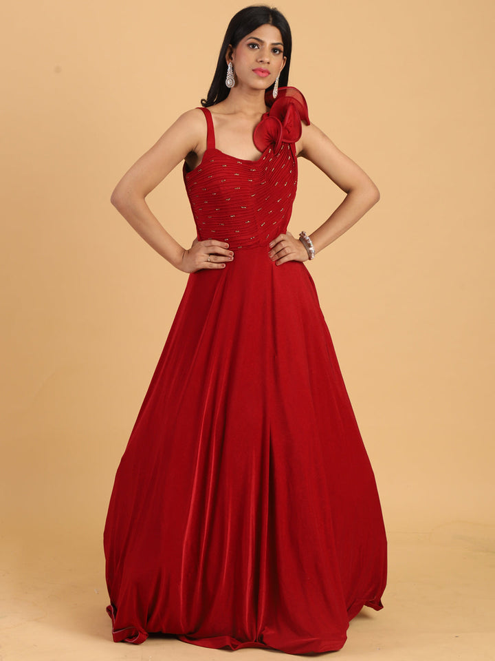 Red Embellished Lycra Cocktail Gown with Stylized Ruffled Straps