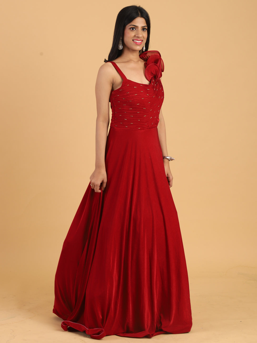 Red Embellished Lycra Cocktail Gown with Stylized Ruffled Straps