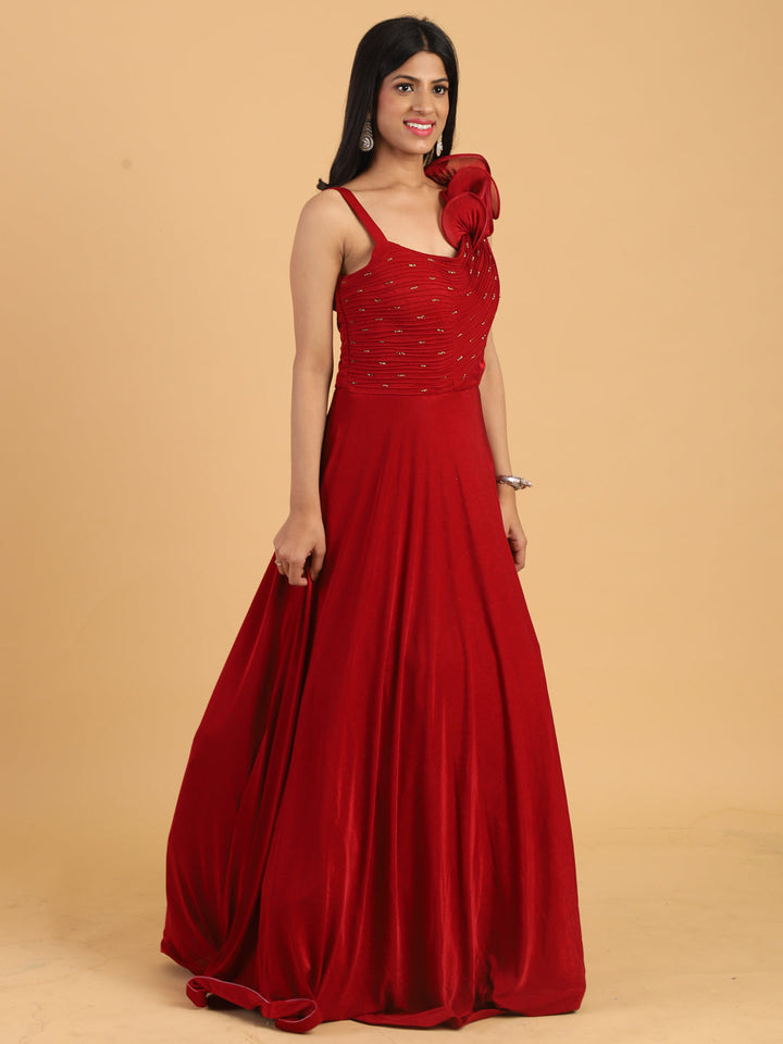 Red Embellished Lycra Cocktail Gown with Stylized Ruffled Straps