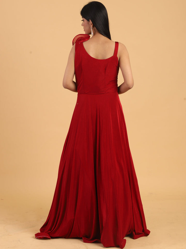 Red Embellished Lycra Cocktail Gown with Stylized Ruffled Straps